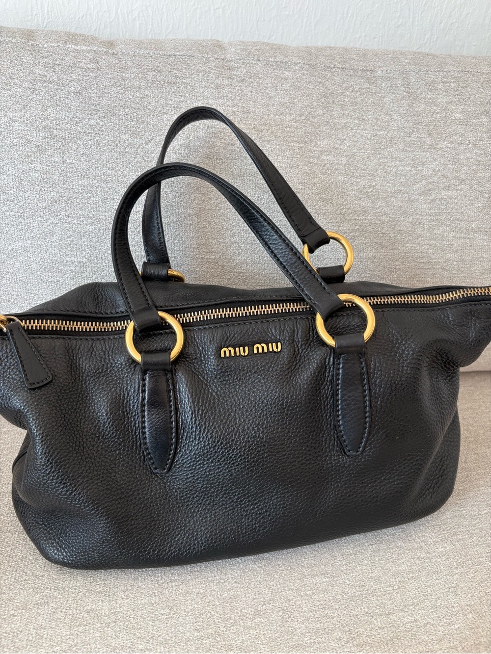 Miu Miu Black Pebbled Leather Satchel with Gold Hardware